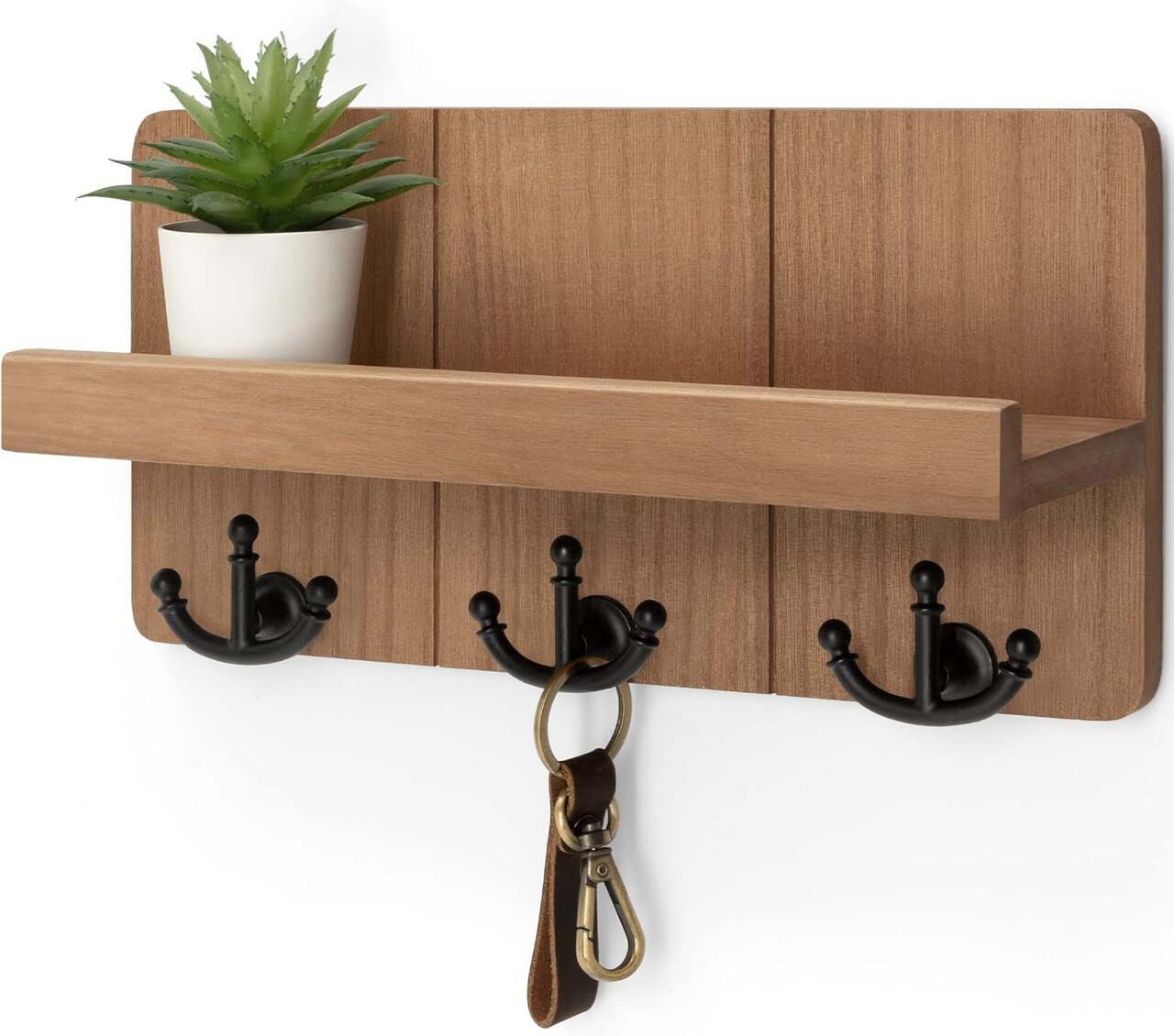 Farmhouse Key Holder for Wall with Shelf: Decorative Mail Organizer and Key Rack Wall Mount with 3 Anchor Hooks - Rustic Entryway Decor (Retro Brown)